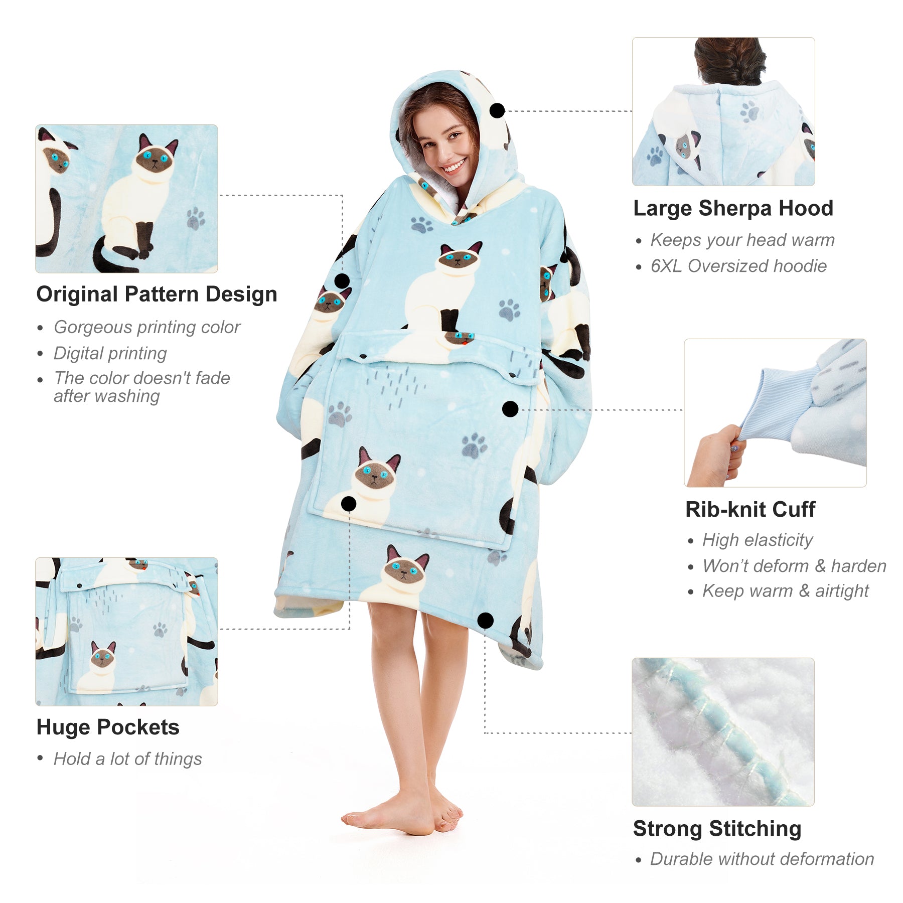 Blue Cat Blanket Hoodie - NARECTE