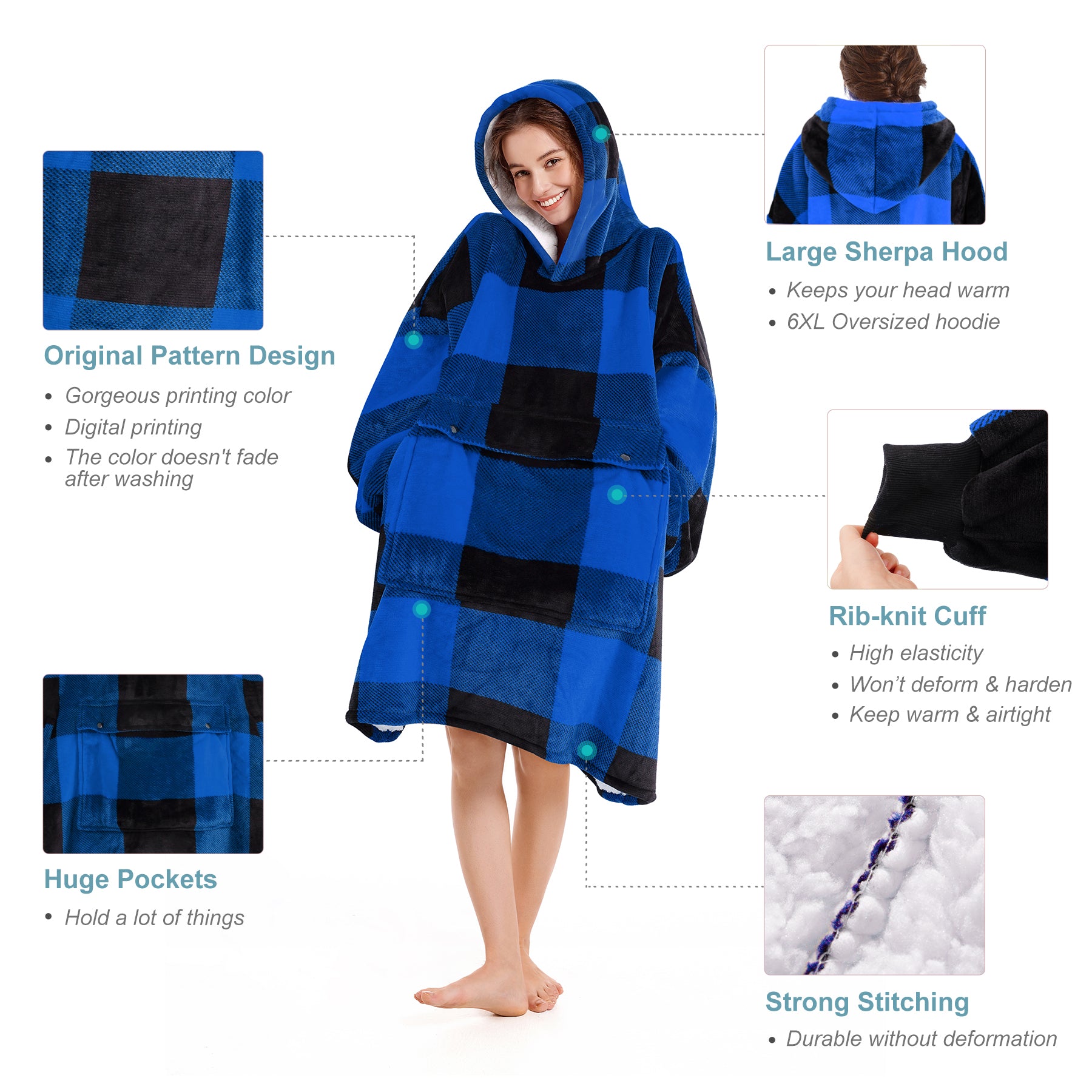 Blue Plaid Blanket Hoodie - NARECTE