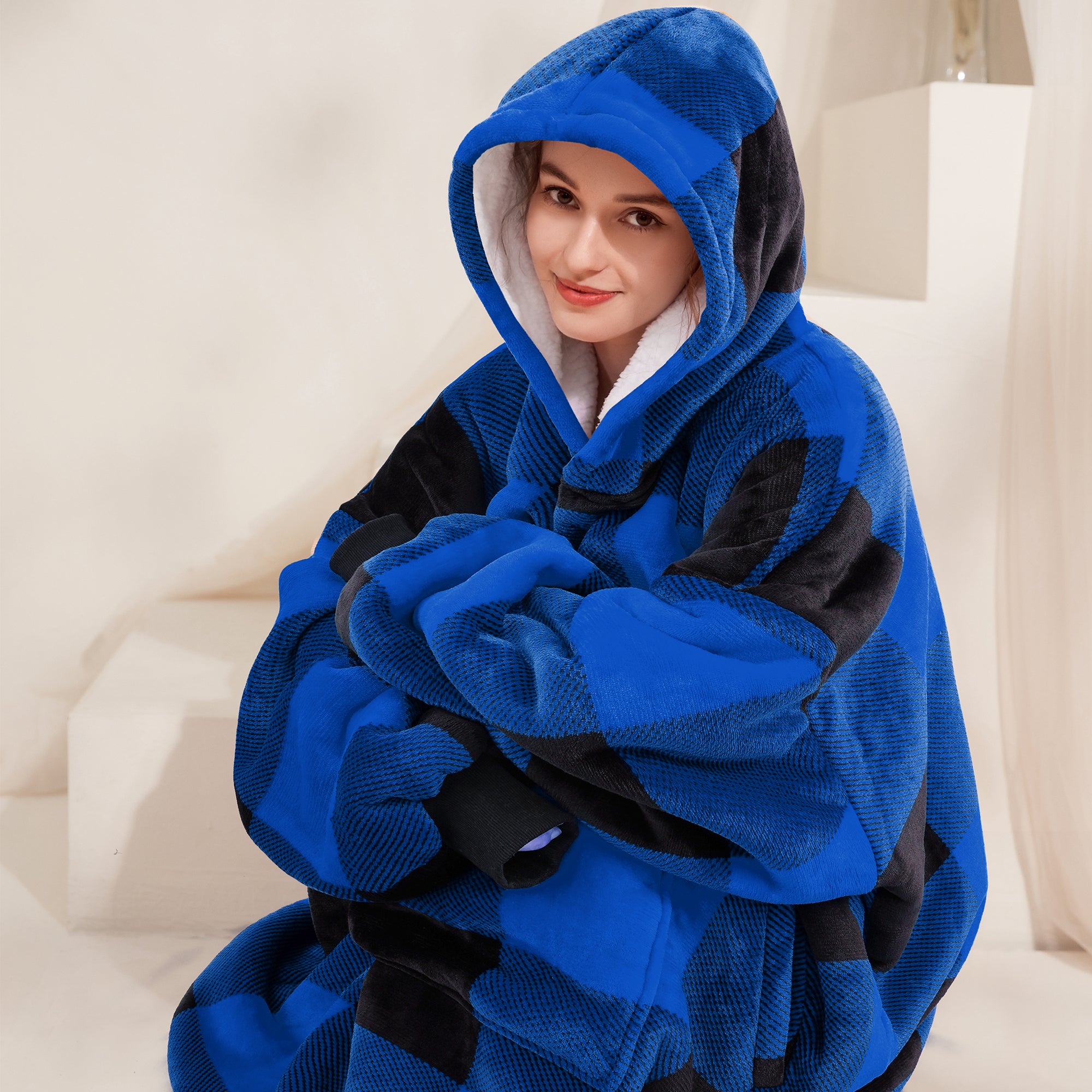 Blue Plaid Blanket Hoodie - NARECTE