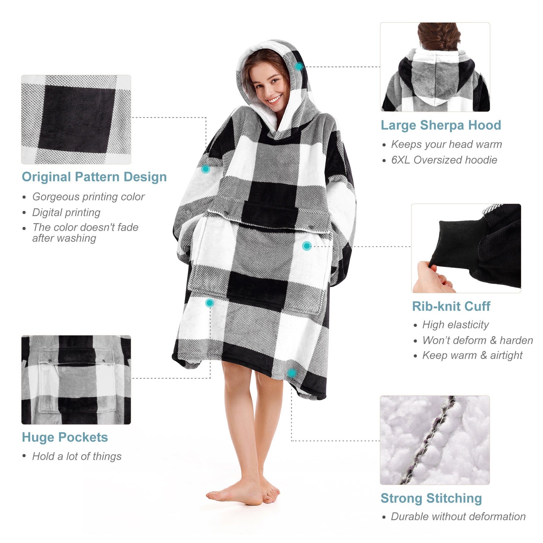 Grey Plaid Blanket Hoodie - NARECTE