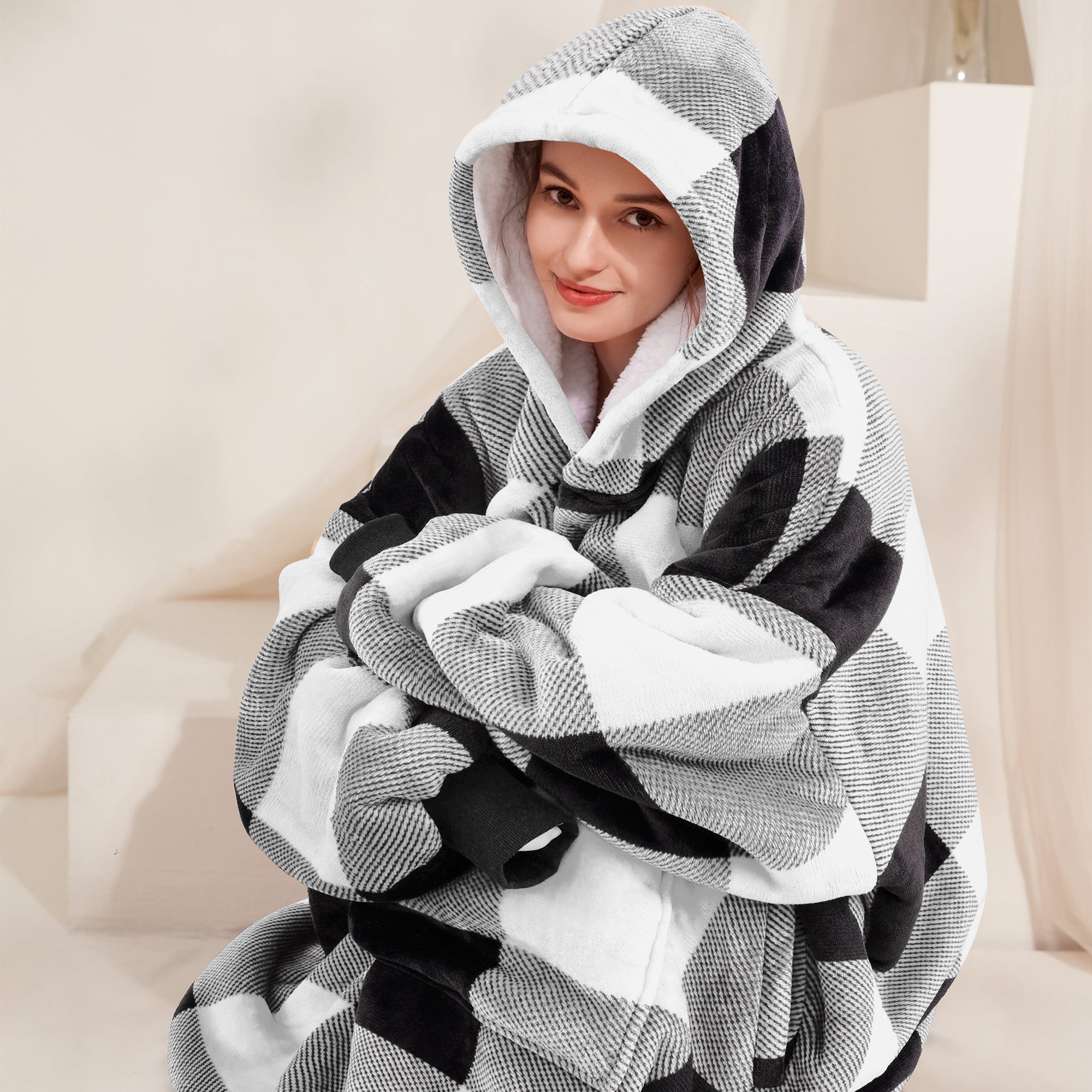 Grey Plaid Blanket Hoodie - NARECTE